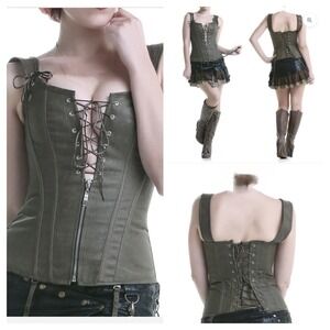 Charmian Womens L Vintage Renaissance Olive Green Lace Up Bustier Corset